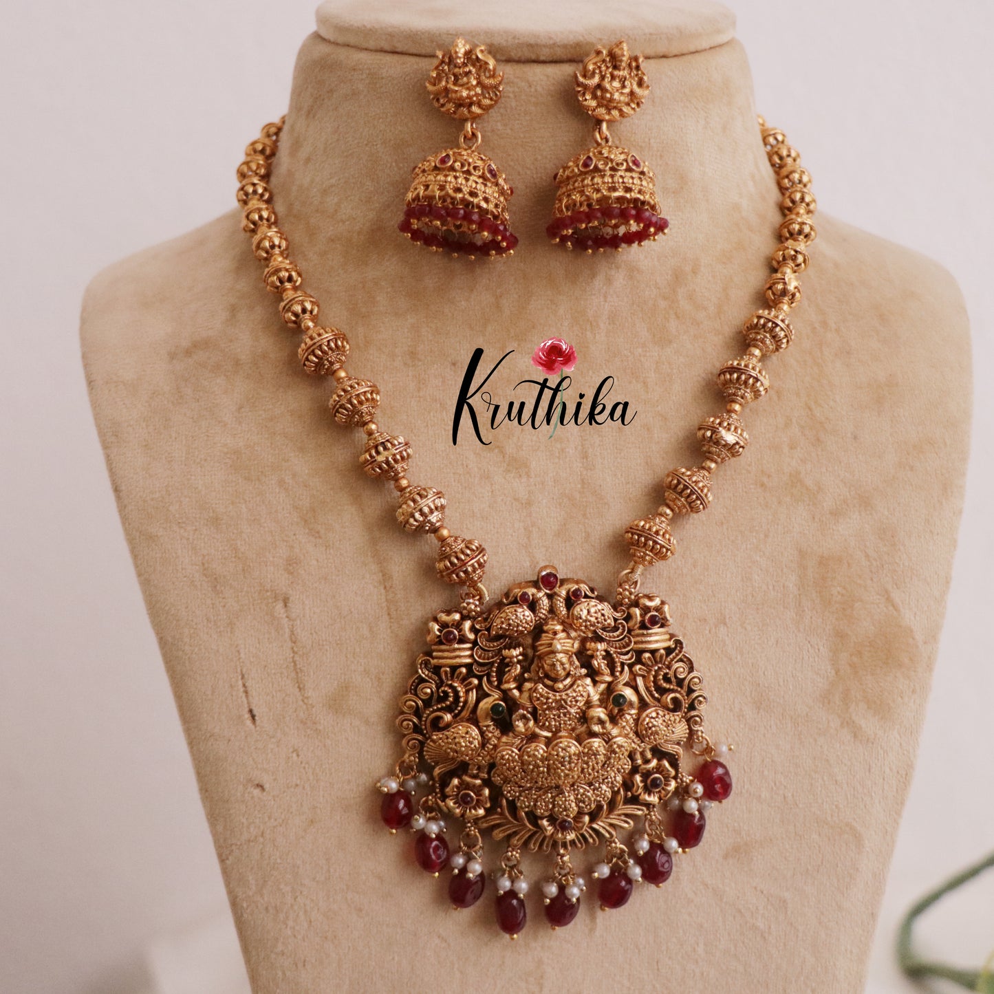Budget Friendly Simple Lakshmi Pendant Necklace with Ruby Beads Drops NC2291