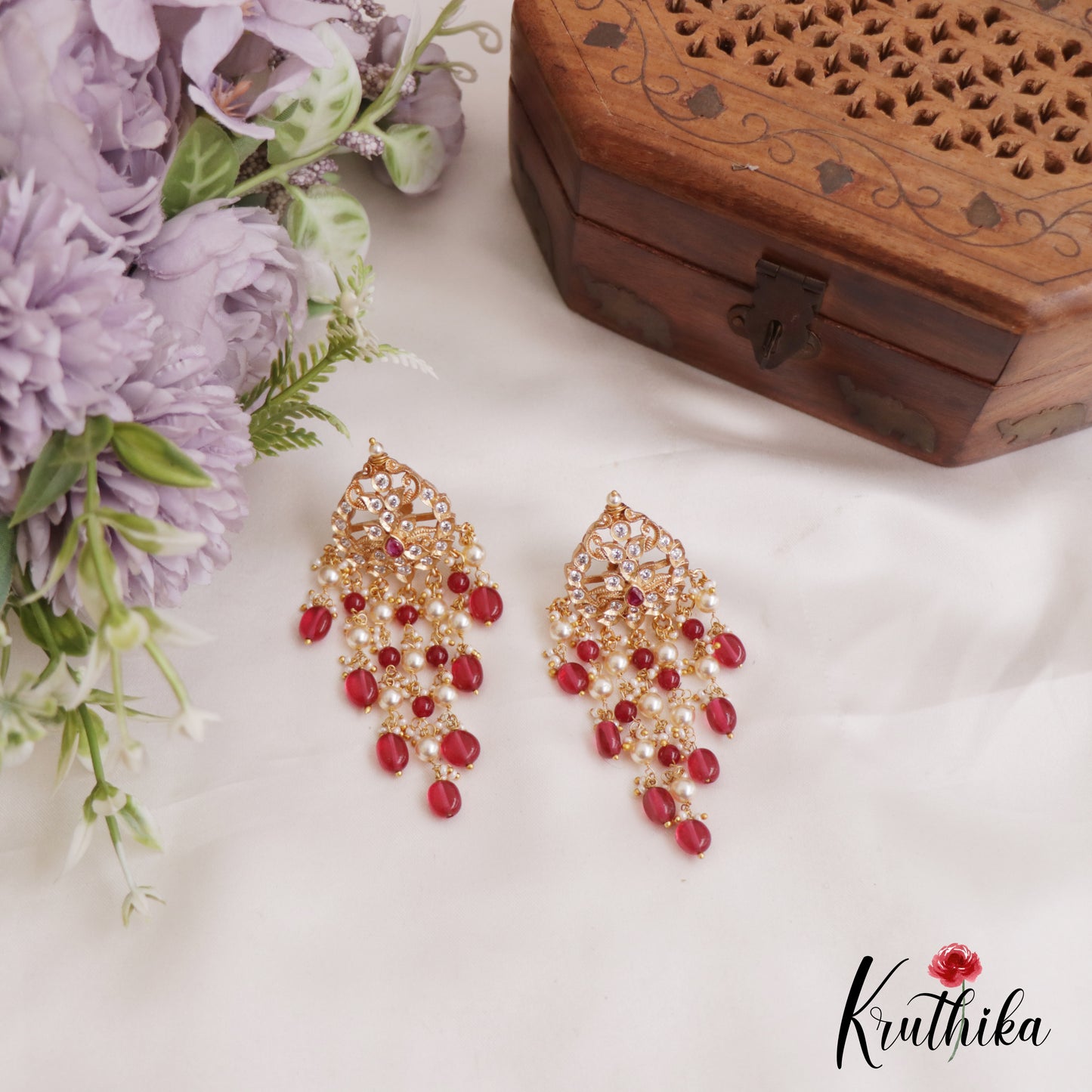 Gorgeous AD Floral Earrings With Pearl And Bead Drops E895 (Available In 2 Colors)