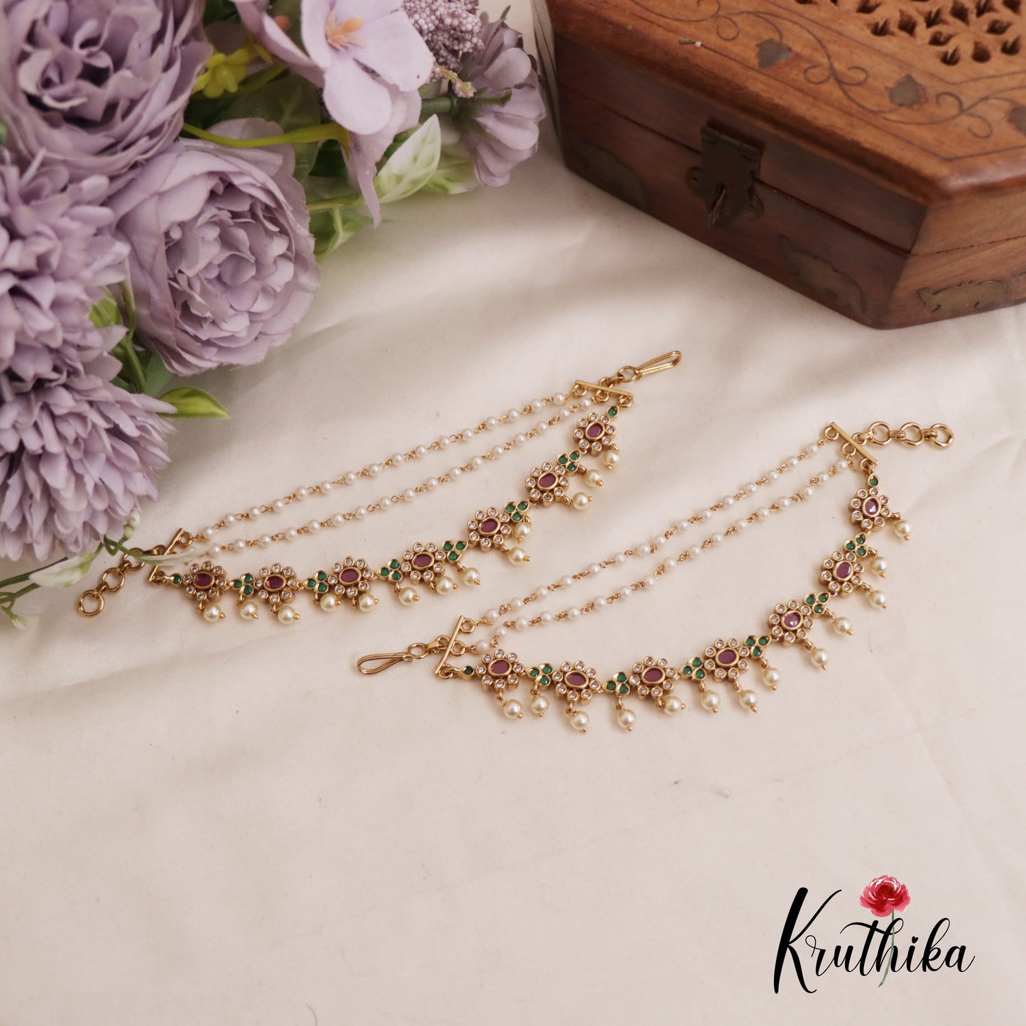 Beautiful Pearl Drop Kemp Floral With Multi Layered Earchains EC177