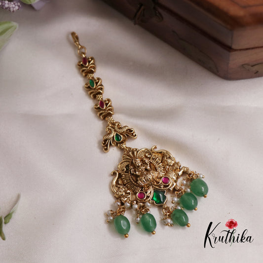 Gorgeous Jadau Antique Lakshmi Maang Tikka With Pearl Drops MT295 (Available In 2 Colours)