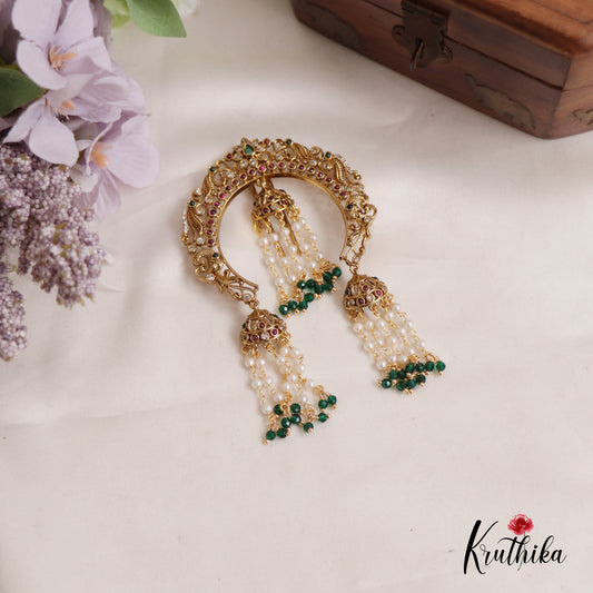 Beautiful Peacock Half Moon Shape Jhumka With Pearl Drops Jada Billa J258