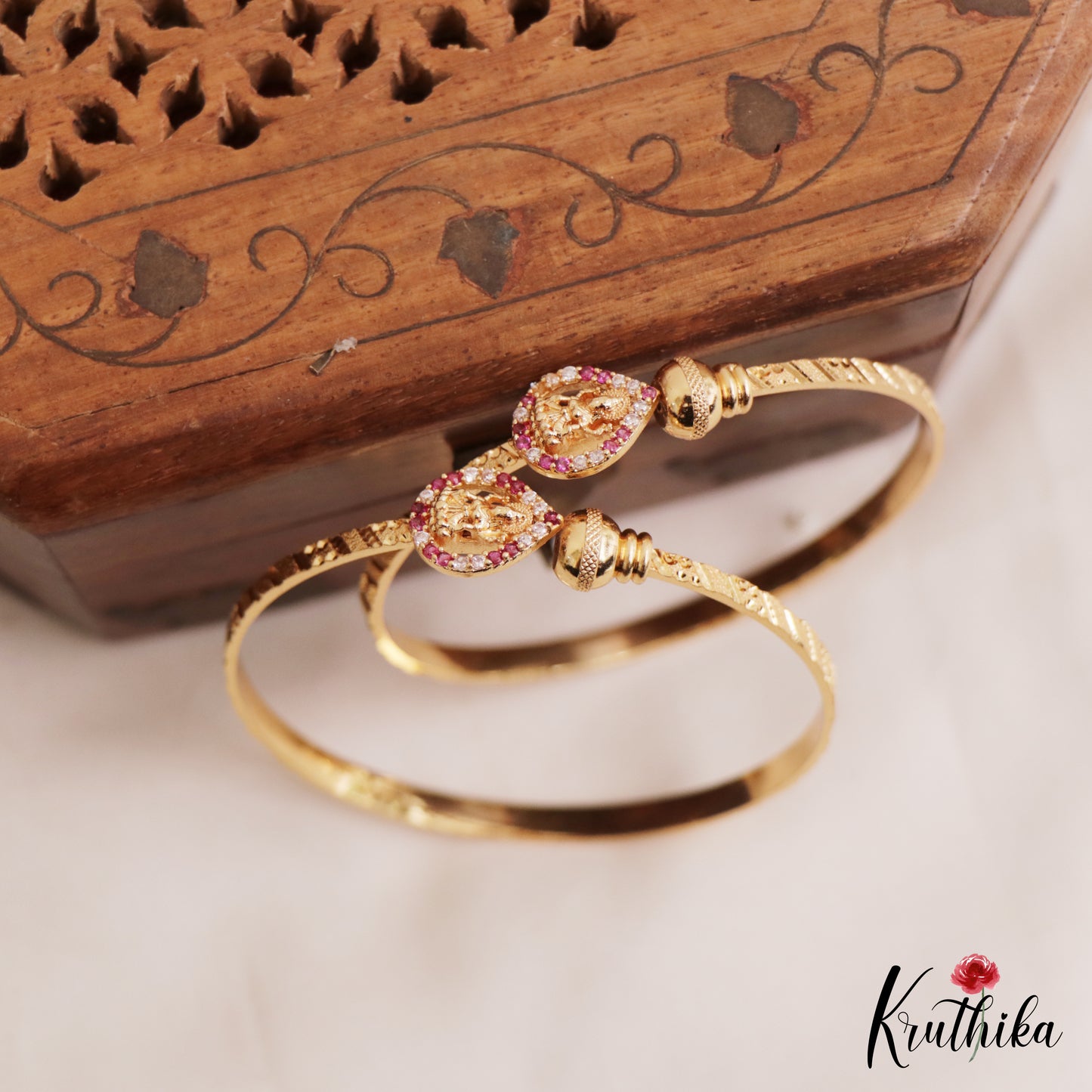Classic Gold-Tone Lakshmi Motifs Openable Kada B510 (Set Of 2)