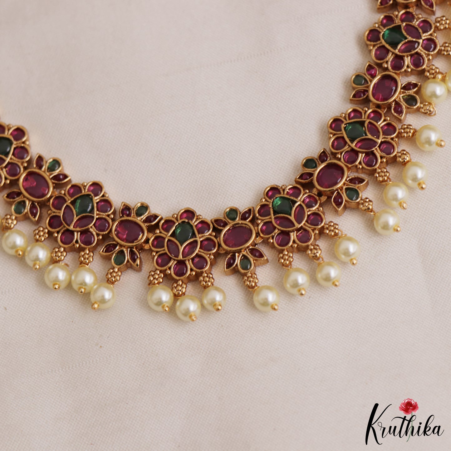 Pretty Floral Motifs Jadau Choker With Pearl Drops NC2971