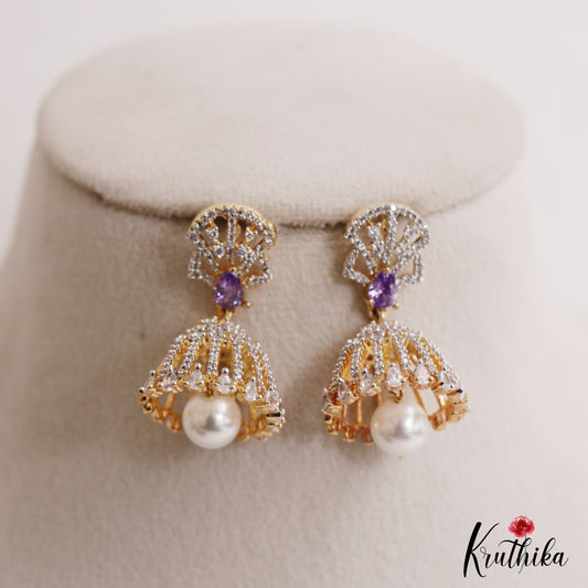 Trendy Gold-Tone AD Jhumkas With Pearl Drop E1108 (Available In 3 Colors)