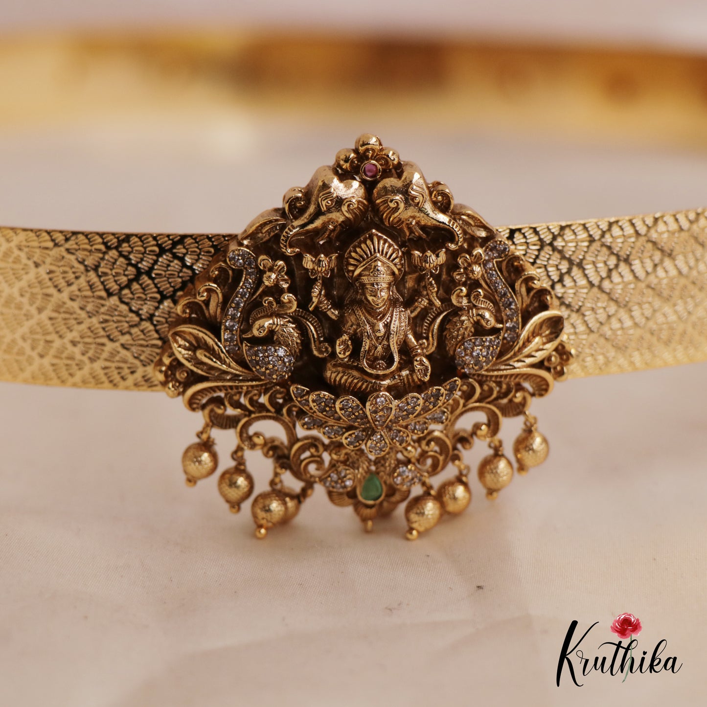 Sparkling Antique Nagas Lakshmi Peacock Motifs Hip Belt With Golden Bead Drops V325