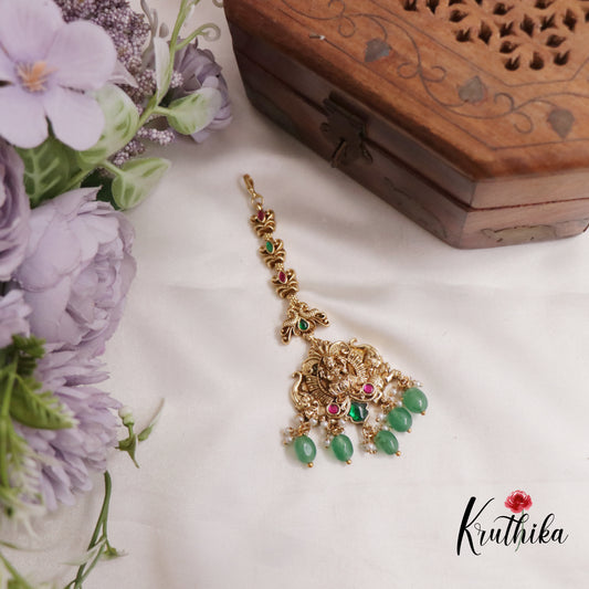 Gorgeous Jadau Antique Lakshmi Maang Tikka With Pearl Drops MT295 (Available In 2 Colours)