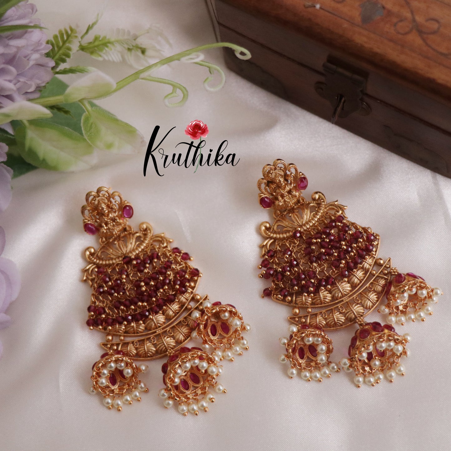 Gorgeous Lakshmi Motifs Jhumka Jadau Earrings With Bead And Pearl Drops E881