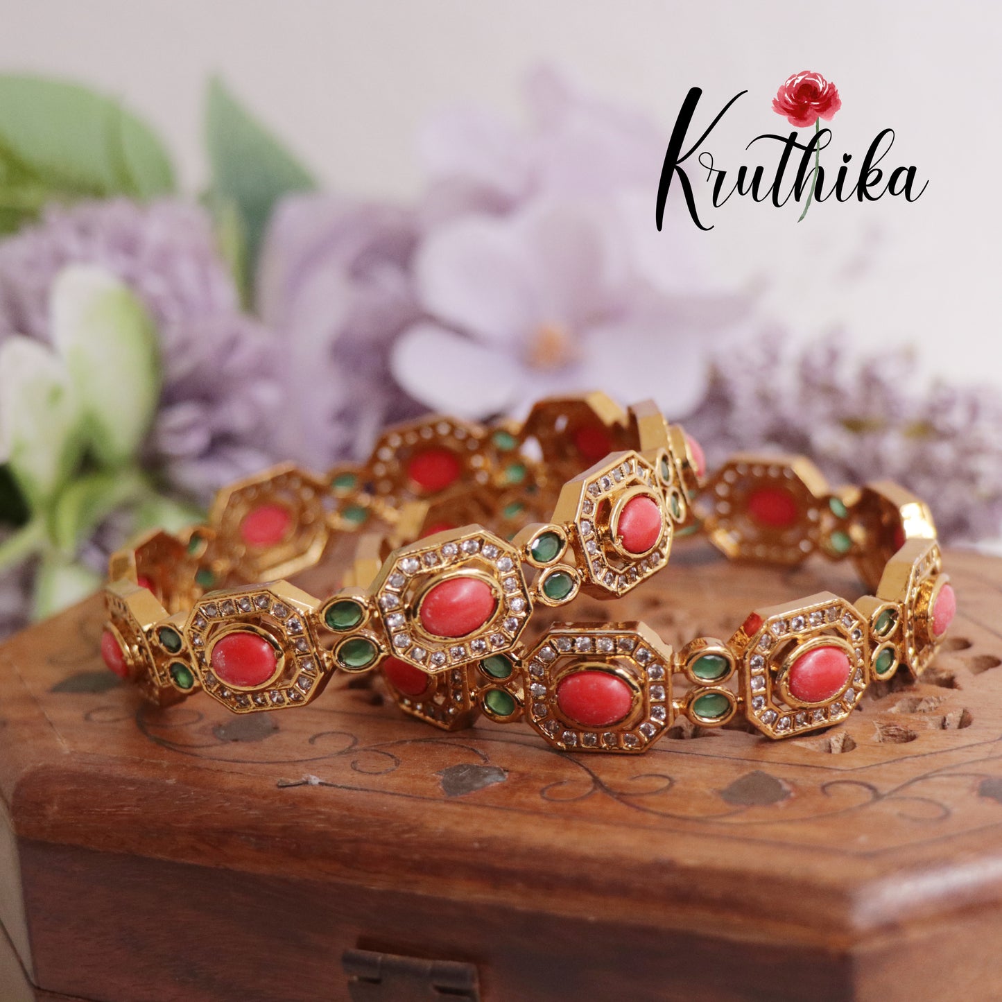 Beautiful CZ Antique Coral Bangles B290 (Set of 2 Bangles)