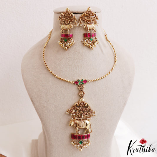 Classic Antique Kamadhenu Motifs Twisted Chain Jadau Pendant Set NC3159