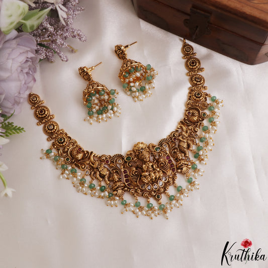 Gorgeous Antique Nagas Lakshmi Peacock Motifs Temple Choker With Pearl Bead Drops NC3116
