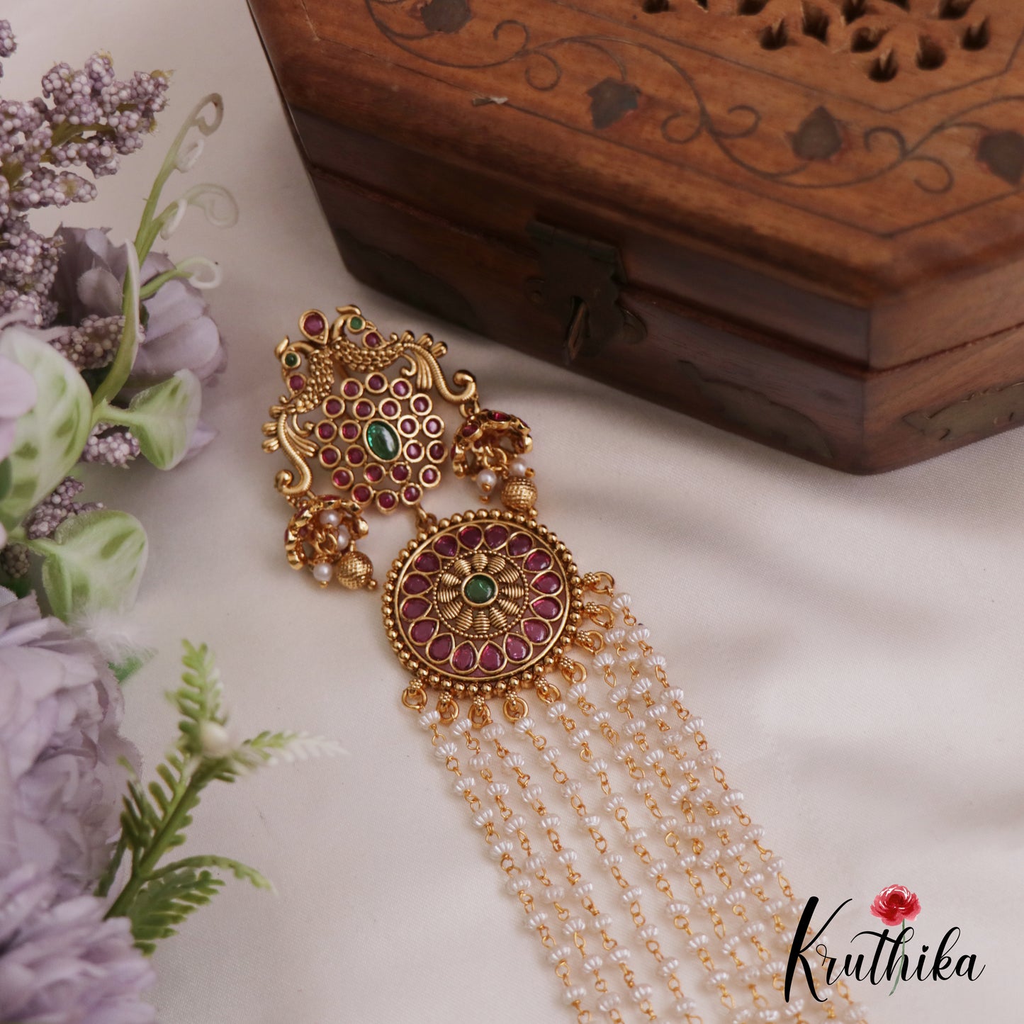 Gorgeous Peacock Floral Motifs Multi Pearl Strand Jada Billa With Golden Bead Drops J362
