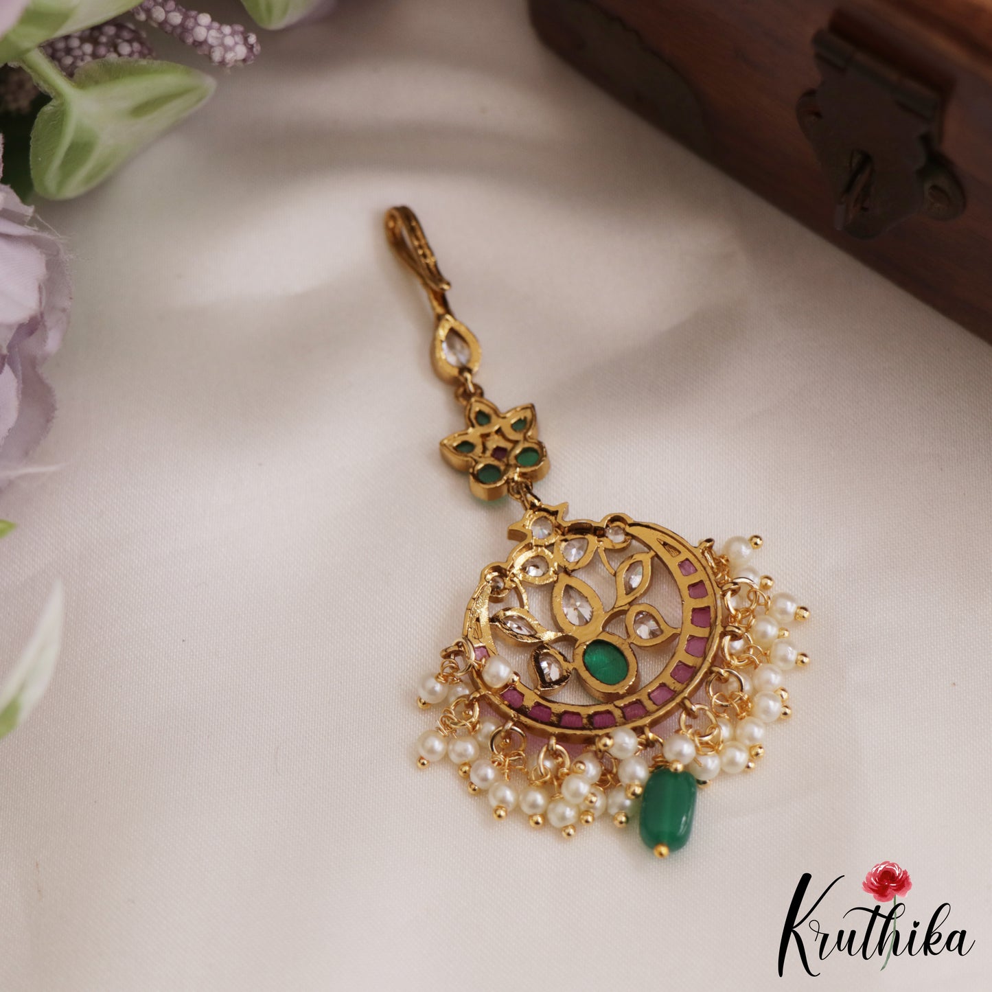 Beautiful Teardrop Motifs Jadau Maang Tikka With Pearl Drops MT345