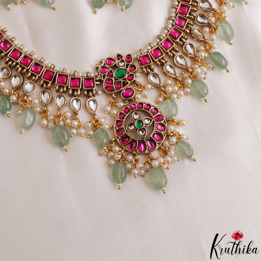 Classic Floral Peacock Motifs Jadau Choker With Green Bead Drops NC3147