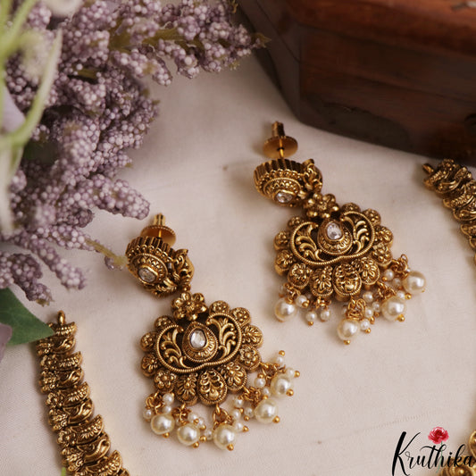 Premium Antique Floral Peacock Motifs Necklace With Pearl Drops NC2950