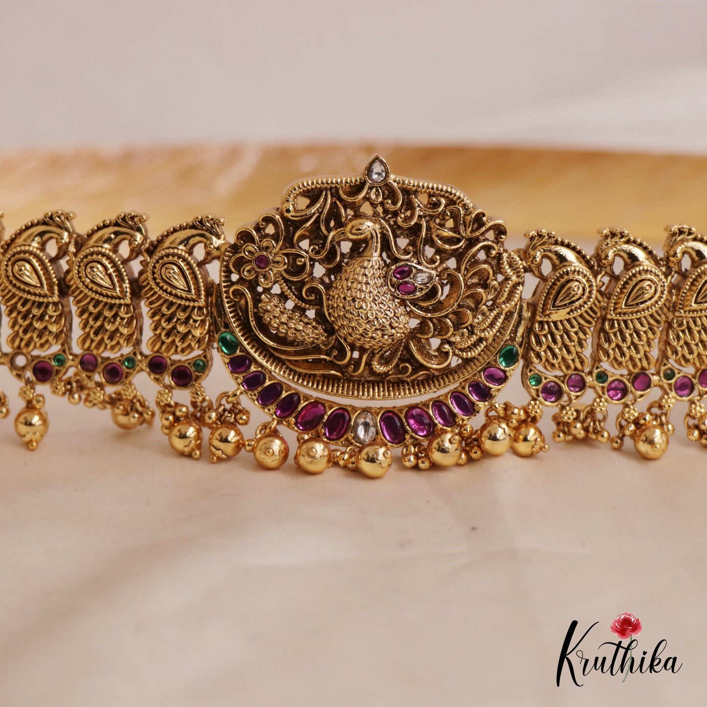 Stunning Antique Peacock Motif Hip Belt With Pearl And Bead Drops V324 (Available In 2 Colours)