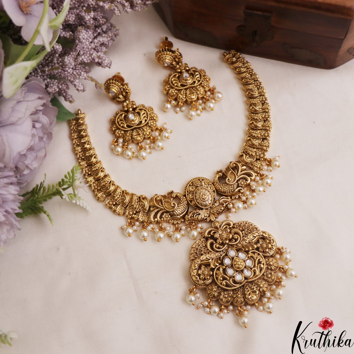 Premium Antique Floral Peacock Motifs Necklace With Pearl Drops NC2950