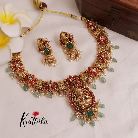 Elegant Temple Lakshmi Necklace with Pastel Green Beads Nc1985