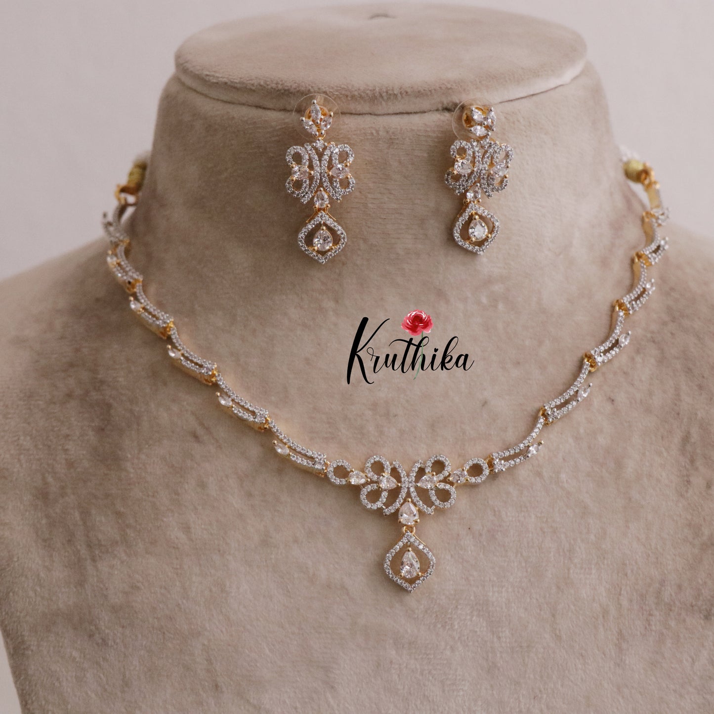 Beautiful Sparkling American Diamonds Gold Finish Necklace Set NC2062