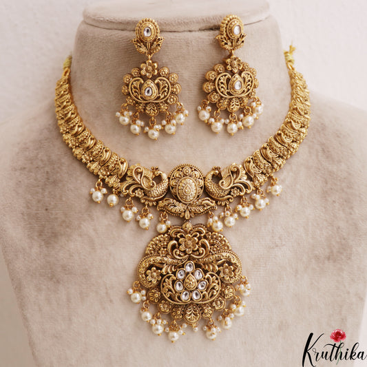 Premium Antique Floral Peacock Motifs Necklace With Pearl Drops NC2950