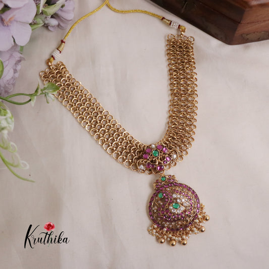 Classic Jadau Peacock Pendant Necklace with Golden Loop Chain Design and Jhumkas NC2178