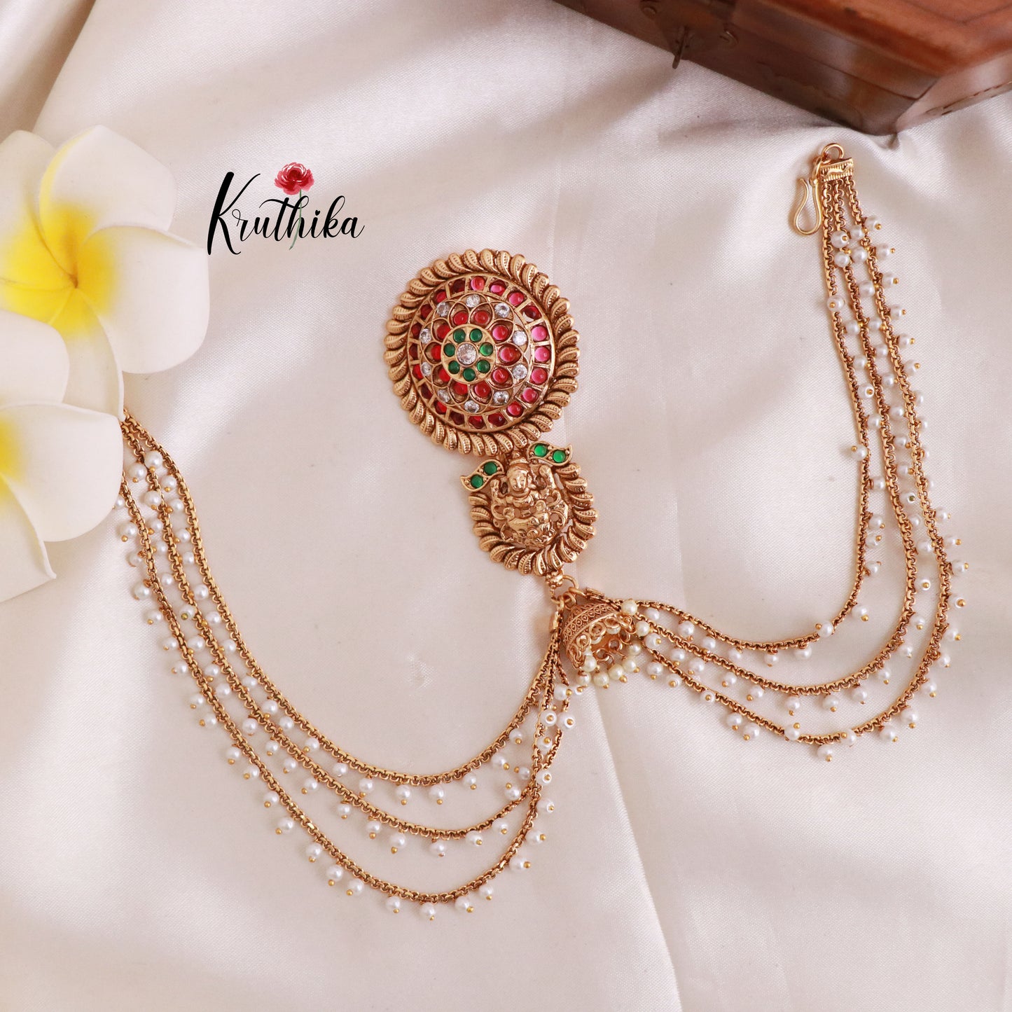 Traditional Kemp Lakshmi Floral Jhumka Jada Billa With Triple Strand Pearl Bead Chains J282