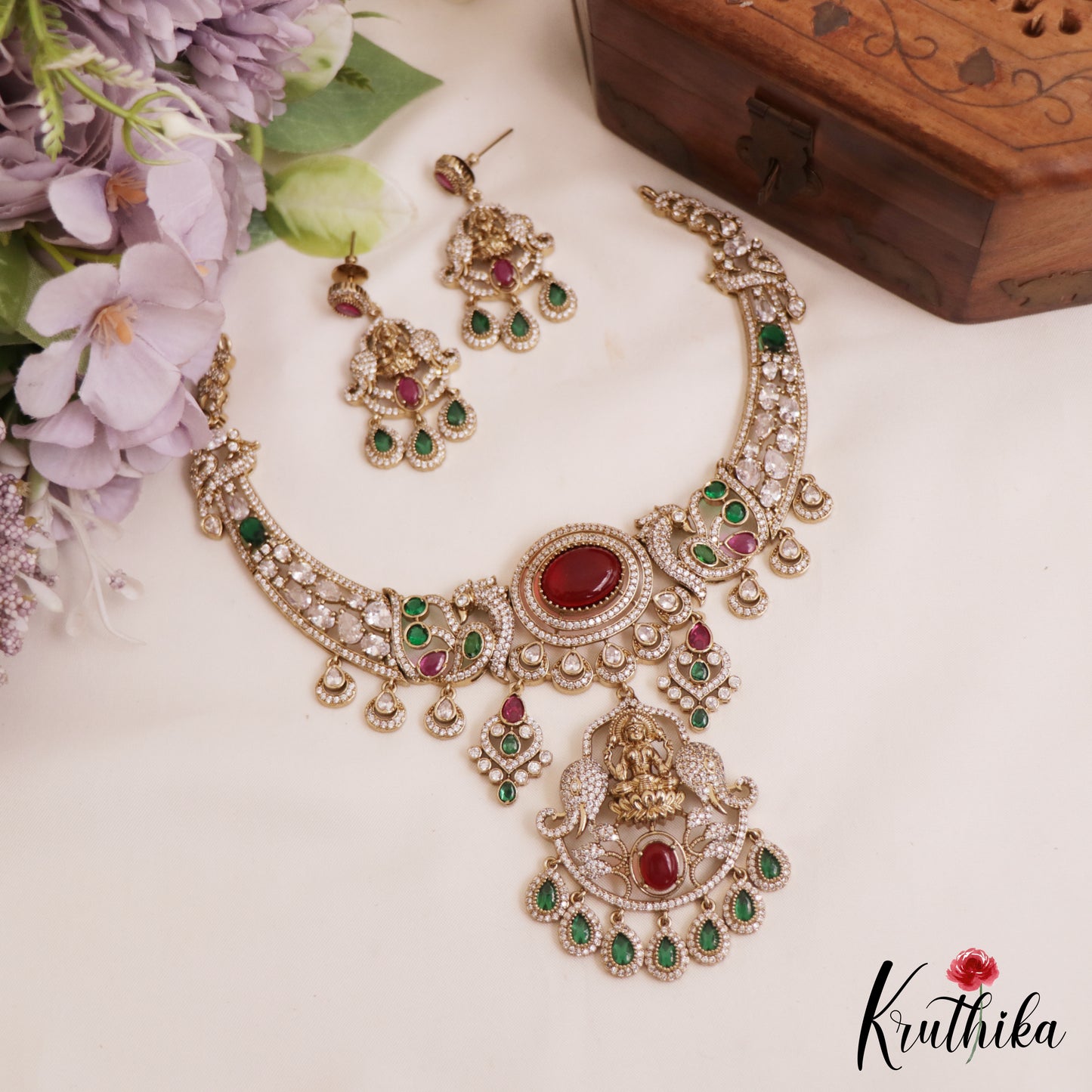 Beautiful Sparkling Lakshmi Teardrop Motifs Gold-Tone AD Necklace NC2786