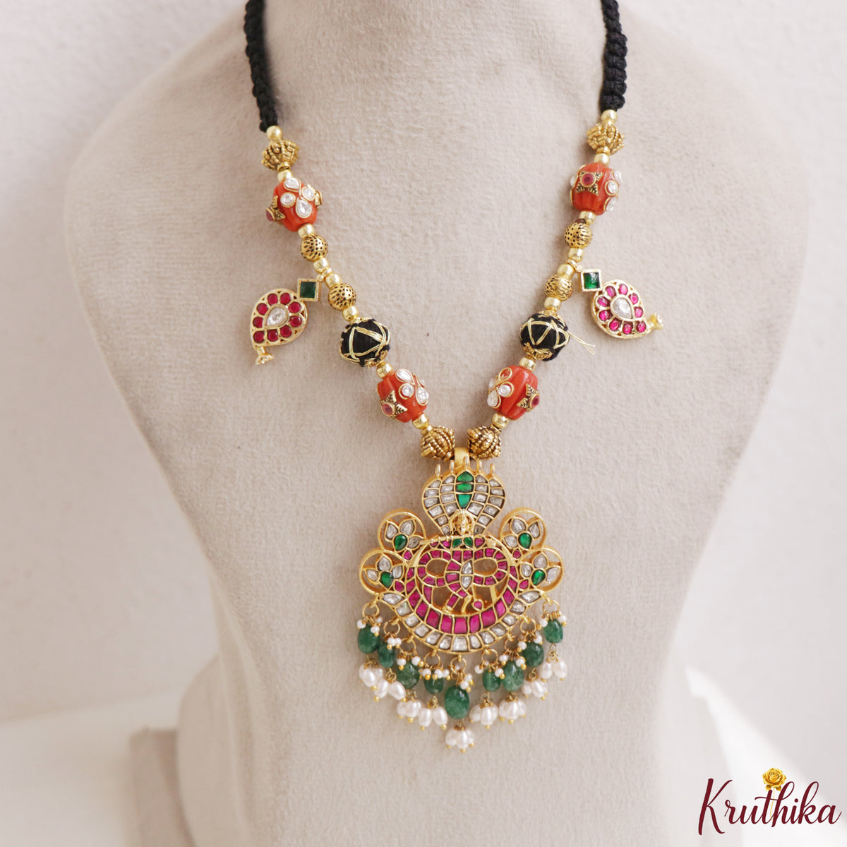 Beaitiful Temple Jadau Pendant Black Thread Necklace NC3319
