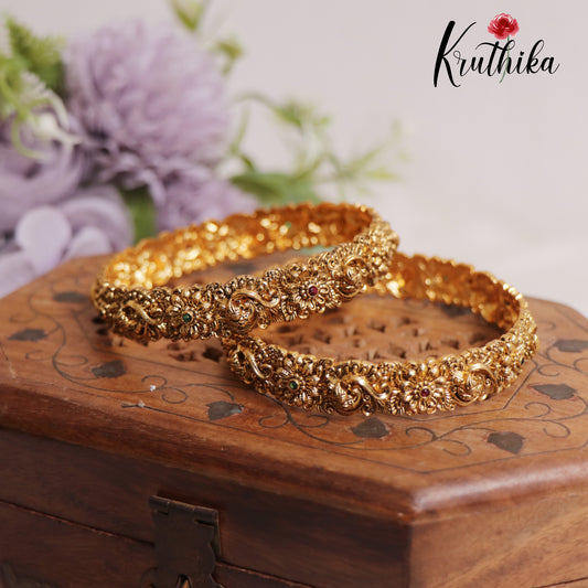 Gorgeous Temple Floral and Peacock Bangles B343 (Set Of 2)