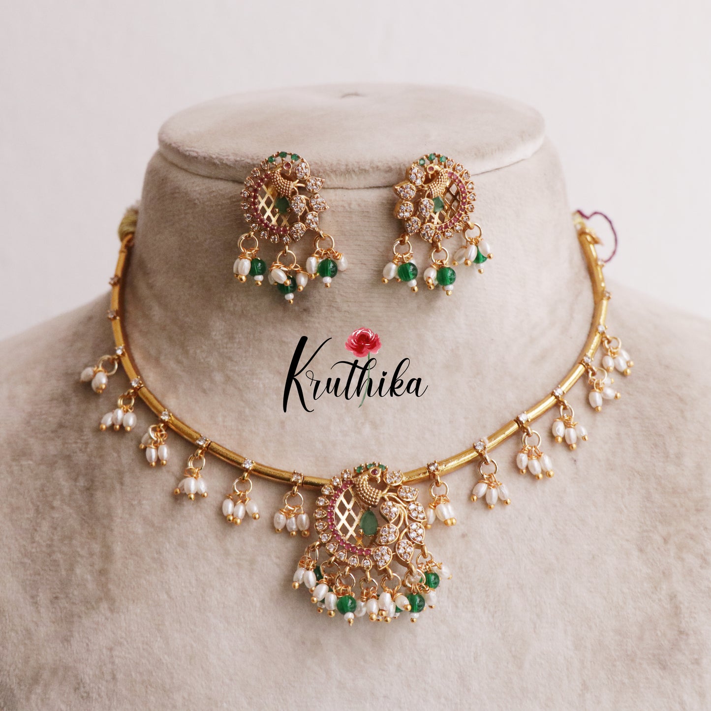 Simple Ad hasli necklace with peacock pendant & green bead drops NC2118