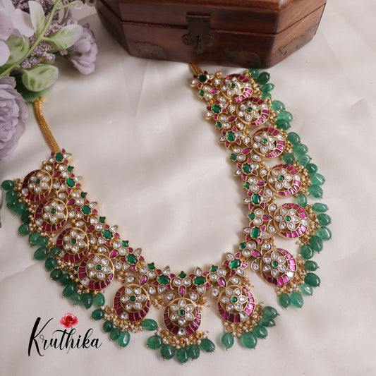 Gorgeous Floral Jadau Necklace with Green Beads NC2543