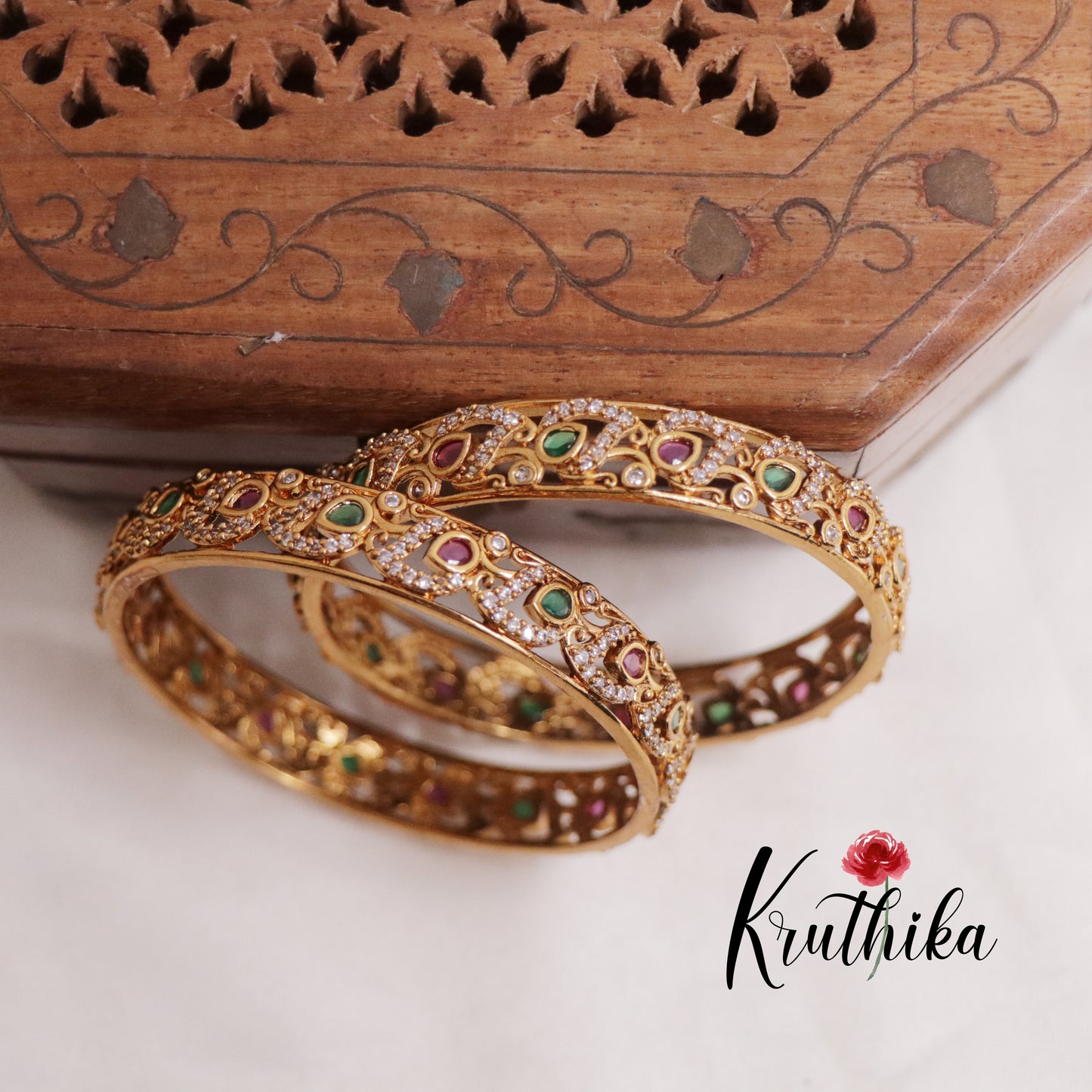 Trendy CZ Antique Leaf Motif Bangles B291 (Available in 3 Colours) (Set of 2 Bangles)