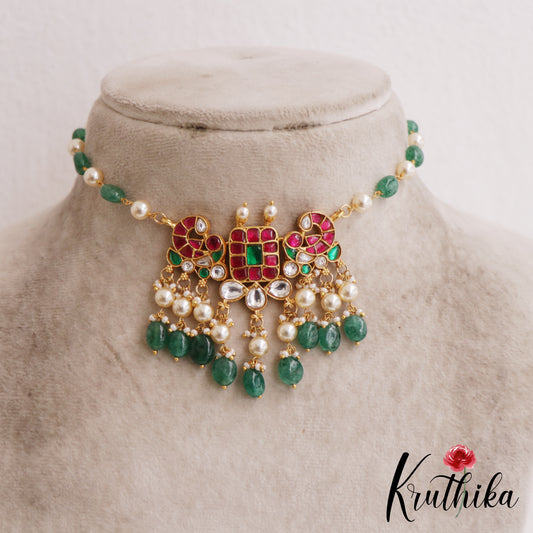 Classic Peacock Motifs Pearl Bead Jadau Choker NC2846