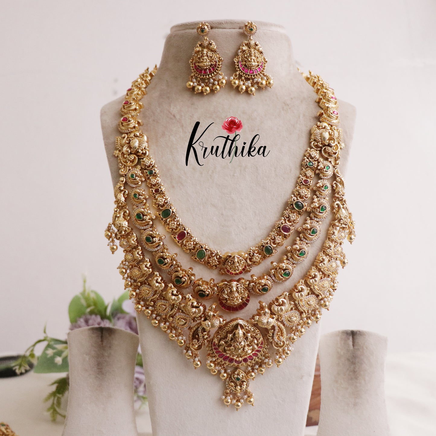 Premium Bridal Three Layer Temple Lakshmi and Peacock Jadau Haaram LH1941