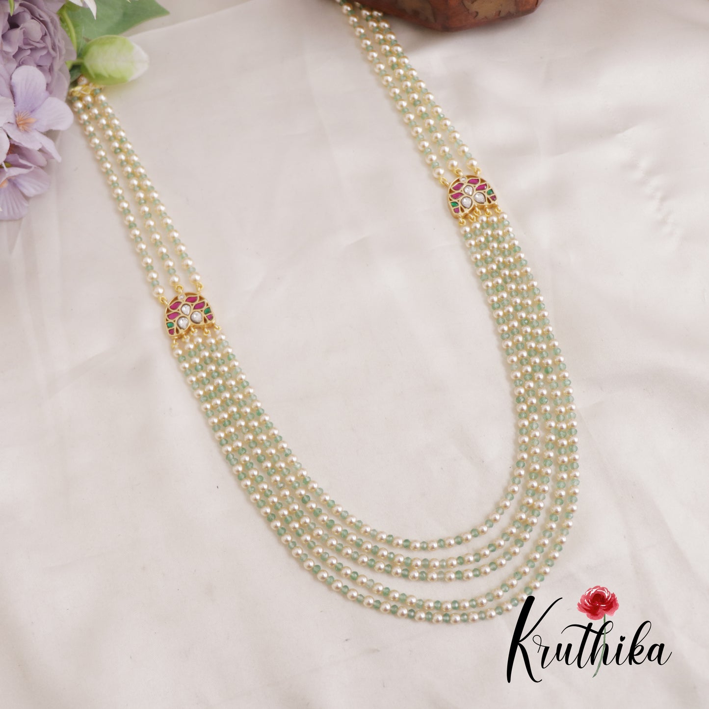 Elegant Multi-Layer Pearls haaram with Jadau side pendants LH2022