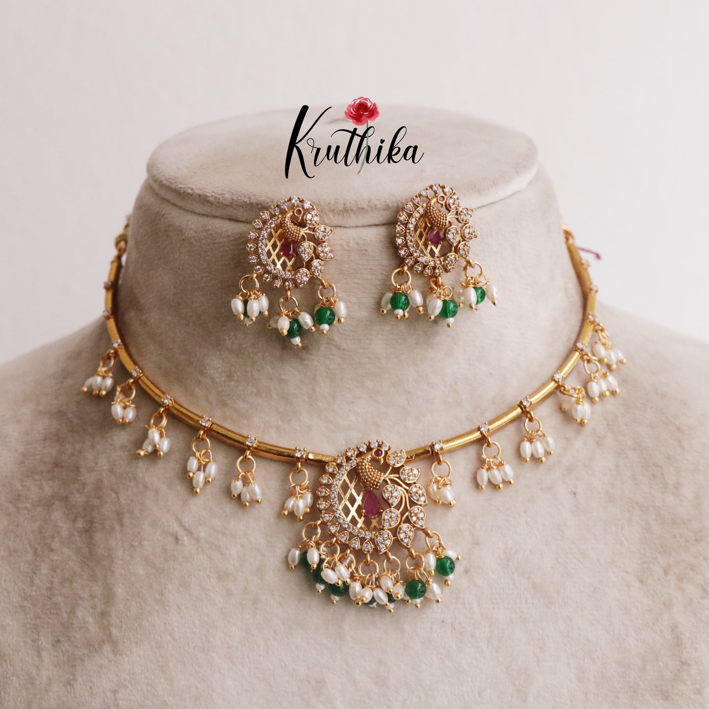 Simple Ad hasli necklace with peacock pendant & green bead drops NC2118