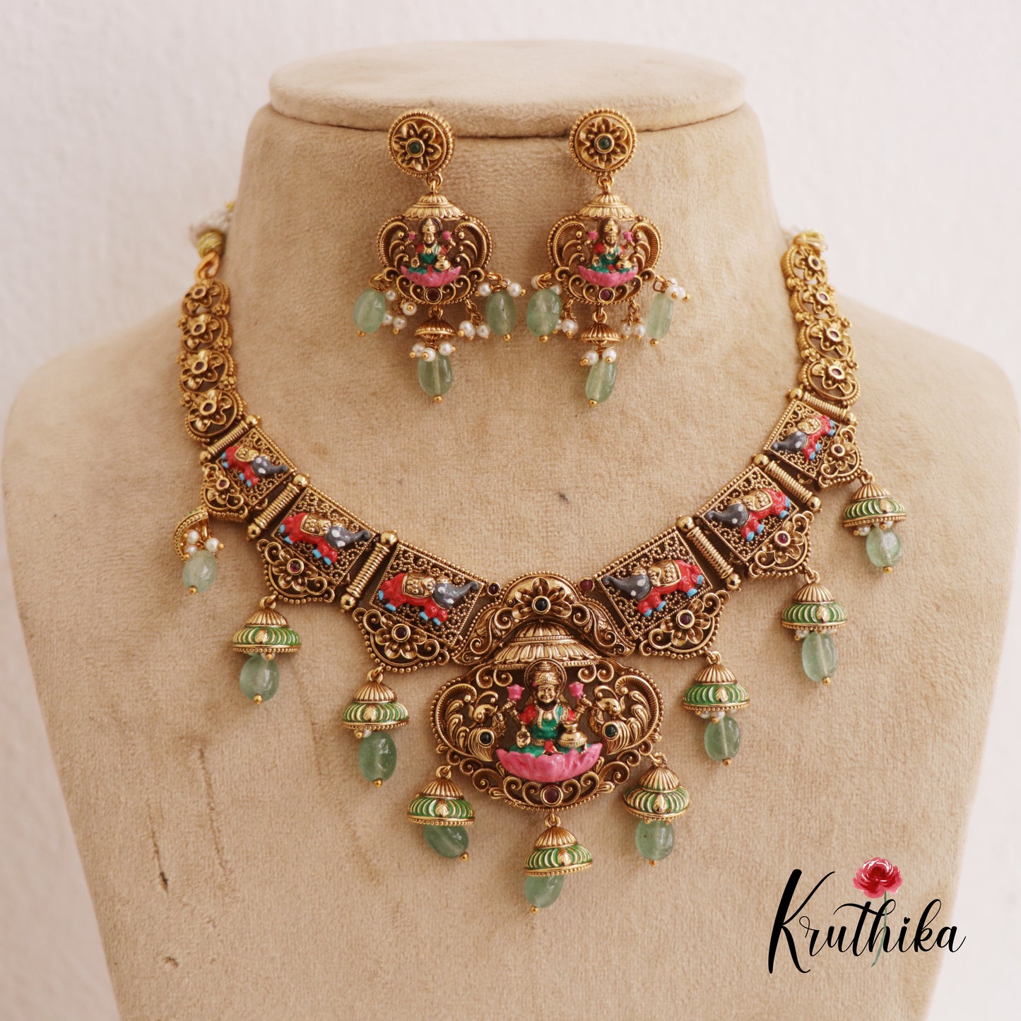 Intricate Hand Painted Lakshmi Elephant Motifs Necklace With Green Bead Drops NC2632
