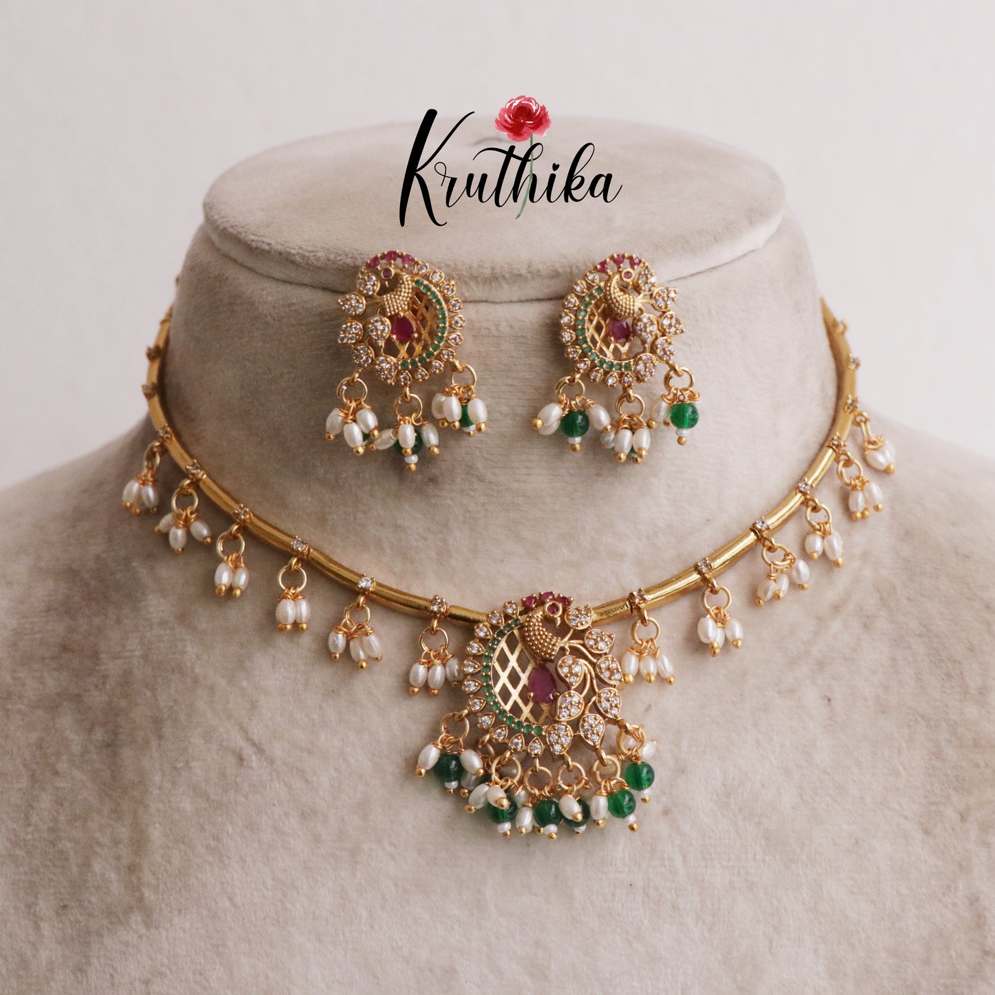 Simple Ad hasli necklace with peacock pendant & green bead drops NC2118