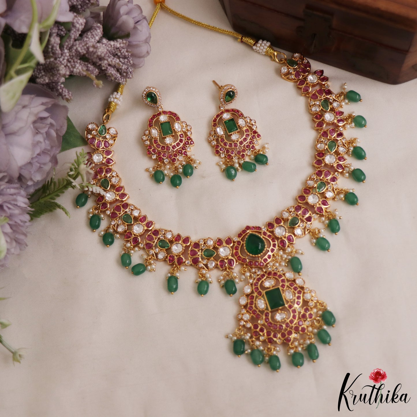 Stunning Teardrop Motifs Jadau Necklace With Green Bead Drops NC2977