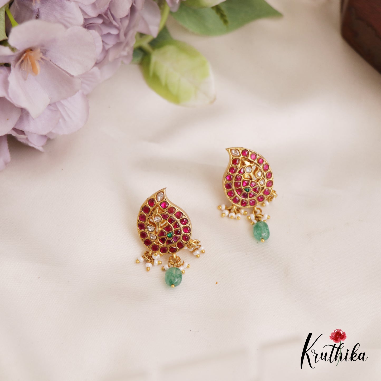 Elegant Peacock Motifs Jadau Stud Earrings With Green Bead Drops E965