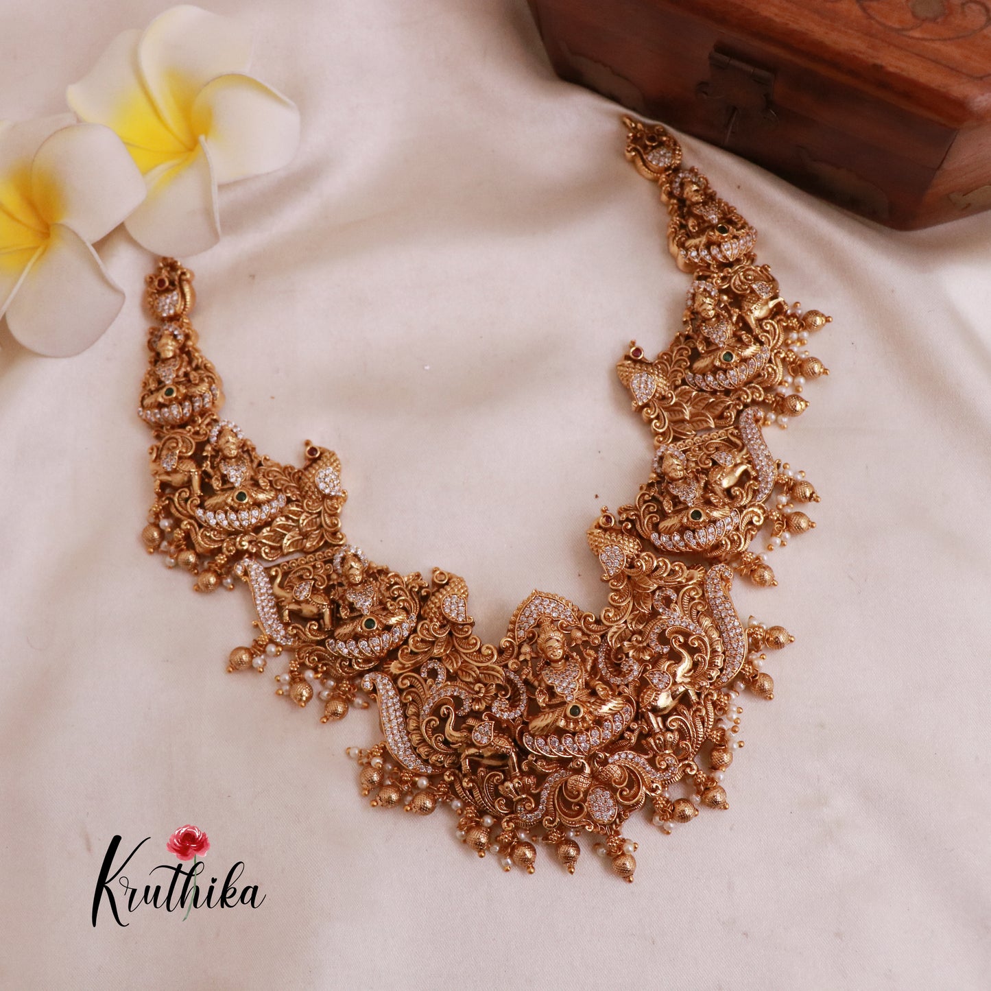 Premium Lakshmi AD peacock golden beads necklace NC1877