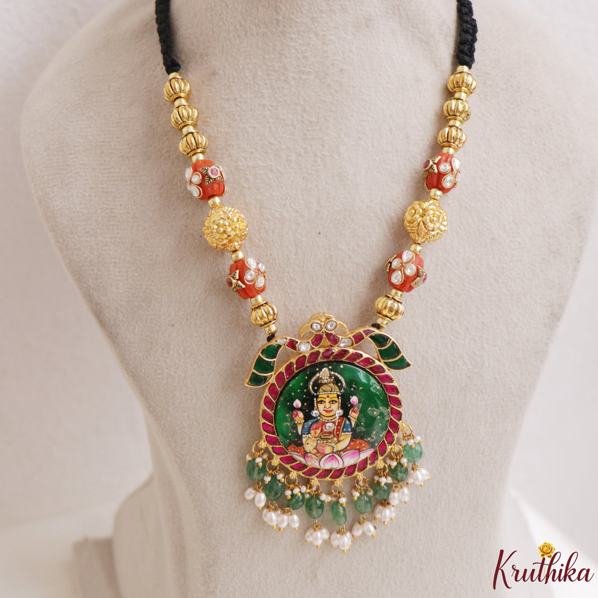 Elegant Hand-Painted Goddess Lakshmi Jadau Pendant Black Thread Necklace NC3321