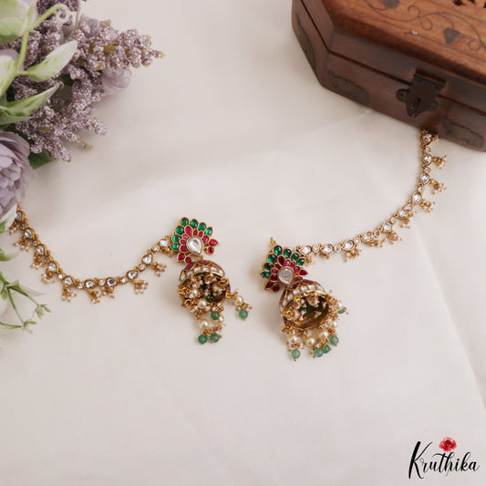 Royal Pastel beads Jadau Jhumkas with attached Jadau Earchains E1239