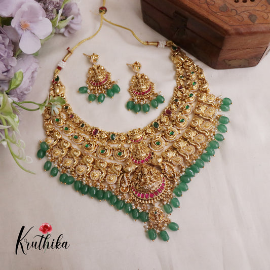Premium Bridal Three Layer Temple Lakshmi and Peacock Jadau Necklace NC2212 (Available in 2 Colours)