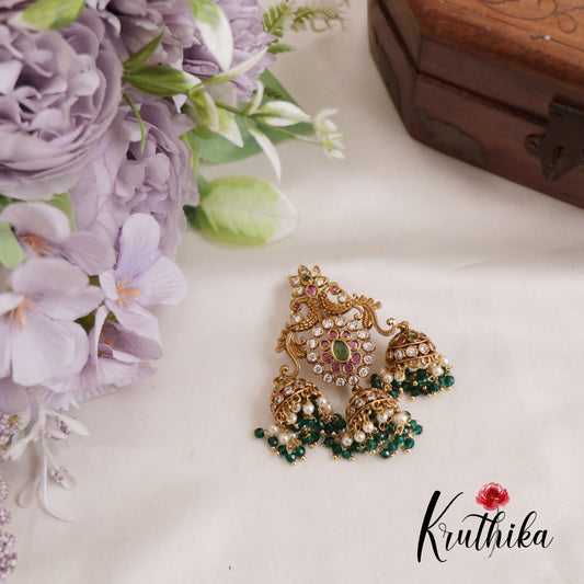 Gorgeous Floral Peacock Motis Jhumka Jada Billa With Pearl And Bead Drops J290 (Available In 2 Colors)