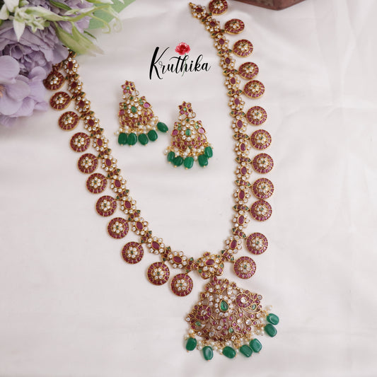 Classic Kemp Kasu Haaram with Detachable Pendant with Green Beads Drops LH1952