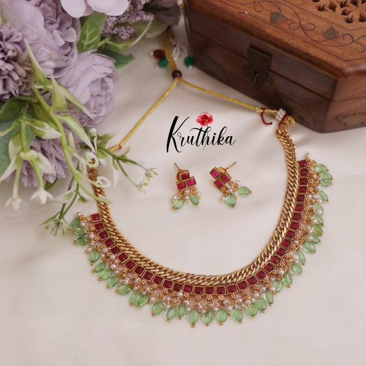 Trendy Jalebi Style Kemp Chocker with Paste Beads Drops NC2322