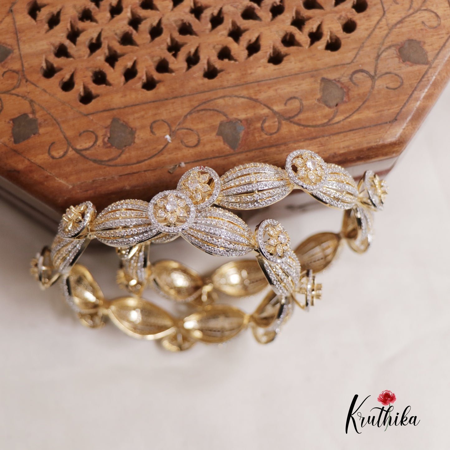 Stunning CZ Floral Gold Finish Bangles B332 (Set Of 2 Bangles)