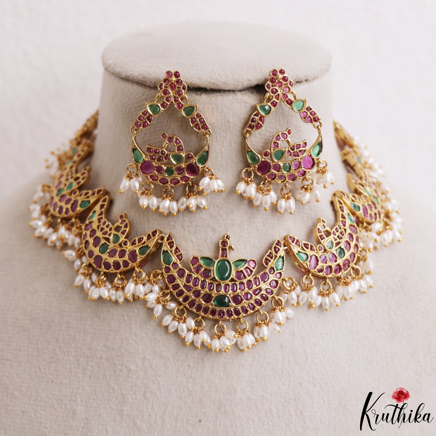 Classic Peacock Motifs Jadau Choker With Rice Pearl Drops NC3271