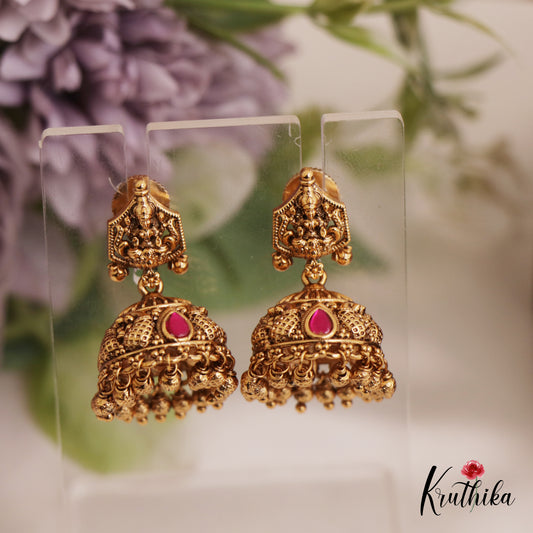 Traditional Antique Lakshmi Motifs Jhumka With Bead Drops E966 (Available In 4 Colors)