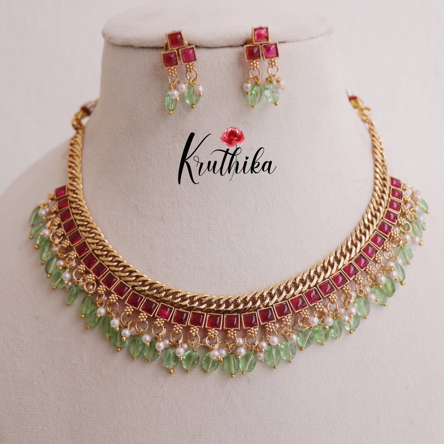 Trendy Jalebi Style Kemp Chocker with Paste Beads Drops NC2322